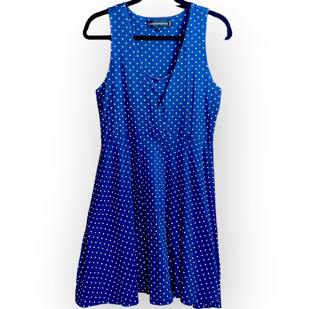 Simons Contemporaire Blue White Polka Dot Sleeveless Stretch Mini Dress Medium - Picture 1 of 10